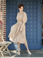 Smocked Waist Linen Midi Dress with Puff Sleeves and Back Zipper